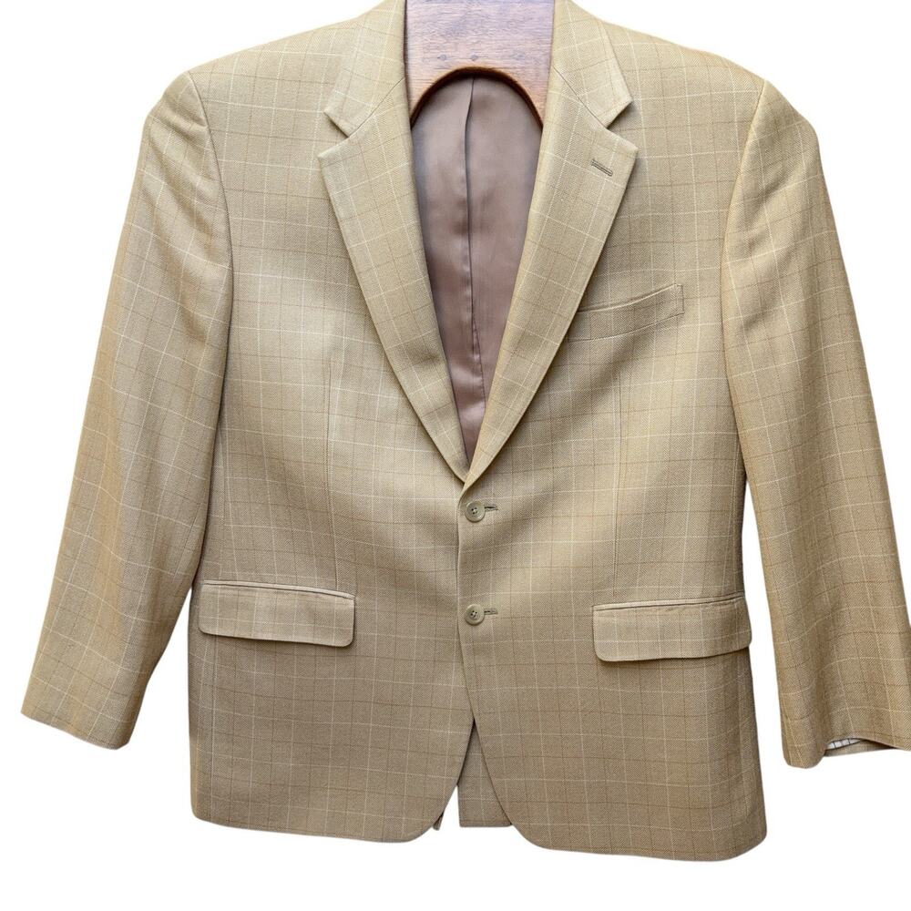 Lauren Ralph Lauren 100% Silk Blazer Men's Size 44R Warm Tan Beige Plaid Suit
